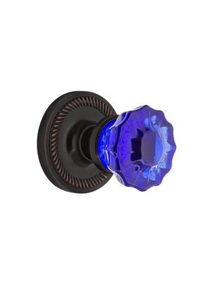 Rope Rosette Door Set with Colored Fluted Crystal Glass Knobs Cobalt Blue in Timeless Bronze.